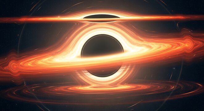 Astrophysical concept of a supermassive black hole with a glowing accretion disk, visualizing gravitational lensing and the event horizon.