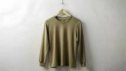 Naklejka premium olive green long sleeve blank t shirt hanging on invisible hanger