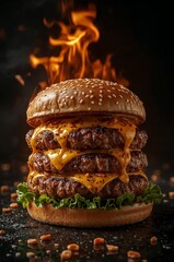 tasty American burger on fire