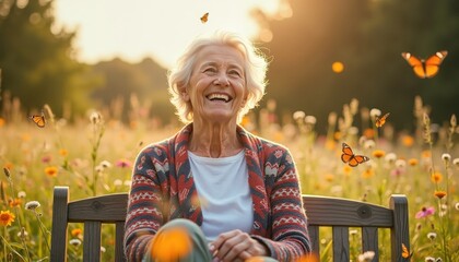 Elderly woman smiling joyfully on a wooden bench in a vibrant meadow filled with wildflowers and butterflies, serene connection to nature concept.