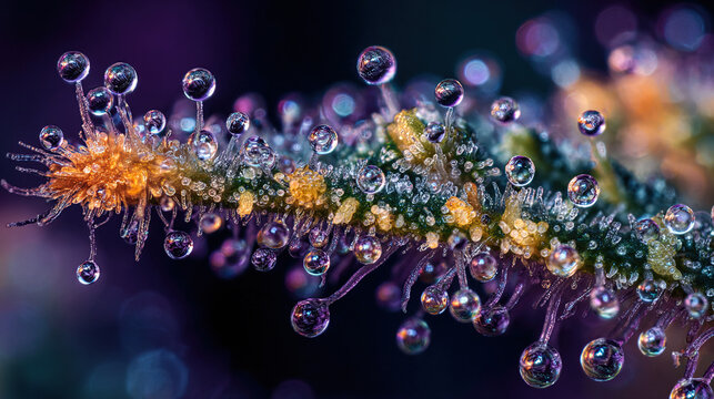 Macro View of Resinous Trichomes on Cannabis Leaf Under Light