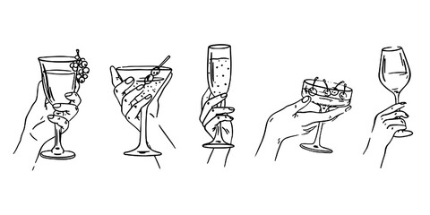 Hand drawn chalk cheers. Hands with wine, champagne glass, cocktails drawings for wedding invitations, menus and parties. Doodle art template. Clipart vintage ink doodle sketch style