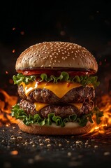 tasty American burger on fire