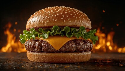 tasty American burger on fire