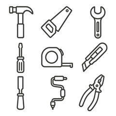 Obraz premium Construction Tools Icons. Line style icons of hand construction tools: hammer, handsaw, wrench, screwdriver, tape measure, utility