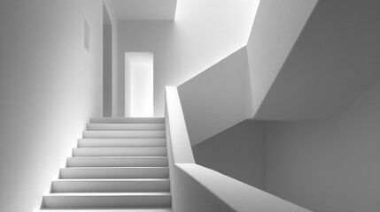 Fototapeta premium White staircase ascends toward light, offering clean, modern aesthetic for design or web use. Symbolizes aspiration and future.