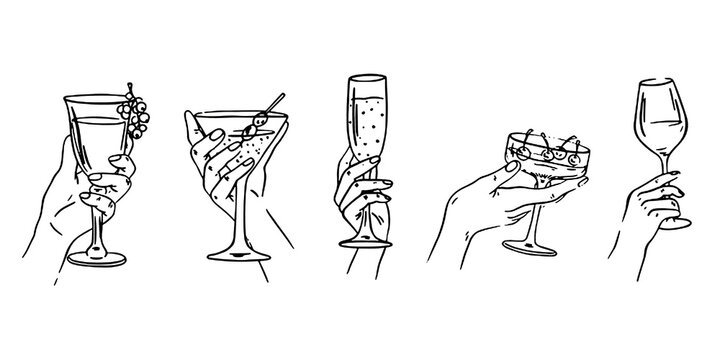 Hand drawn chalk cheers. Hands with wine, champagne glass, cocktails drawings for wedding invitations, menus and parties. Doodle art template. Clipart vintage ink doodle sketch style
