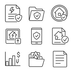 Insurance Claim Icons. Line style icons of insurance claim support: damage report form, claim folder icon, insured house stamp,