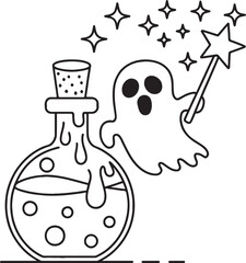 Spooky Cute Halloween Potion Ghost Coloring Pages – Kawaii Ghost in Magic Potion Bottle Line Art