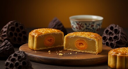 Traditional Chinese mooncake with salted egg yolk and lotus seed paste, cut in half for Mid-Autumn Festival celebration