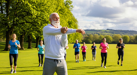 Active seniors and adults enjoying a refreshing group fitness session outdoors on a sunny day in the park.