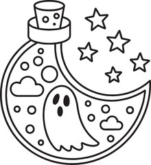 Spooky Cute Halloween Potion Ghost Coloring Pages – Kawaii Ghost in Magic Potion Bottle Line Art