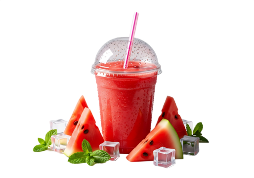 Watermelon smoothie or slushie in a plastic cup with a straw, mint, and ice cubes, isolated on transparent background.
