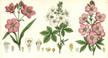 Botanical illustration of flowers and parts