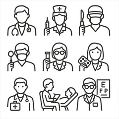 Medical Professionals Icons. Line style icons of medical and healthcare professions: doctor with stethoscope, nurse with syringe,