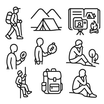 Solo Adventure Icons. Line style icons of solo adventures: single hiker silhouette, lone tent in valley, self-timer photo setup,