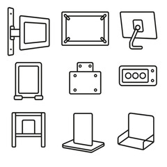 Tech Frame Mounts. Line style icons of tech-ready frame mounts: screen bracket on wall, TV frame setup, minimal monitor arm,