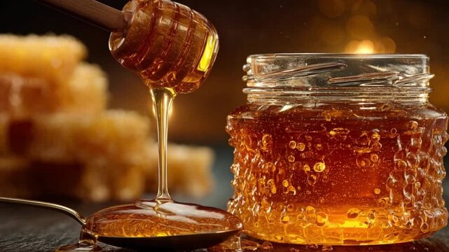 A close-up shot of honey dripping from a dipper onto a spoon, near a jar of honey