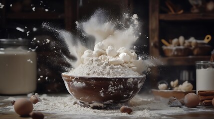 A dough mixer in the middle of a baking session, surrounded by flour, butter, and fresh ingredients on the counter.

