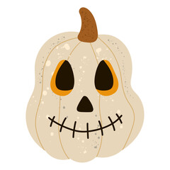 Creepy white Halloween pumpkin clipart with spooky carved face — hand-drawn vector illustration of a ghostly jack-o'-lantern with stitched smile, perfect for Halloween decor, spooky invitations.