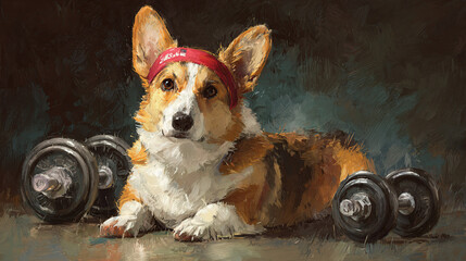 Charming Corgi in Fitness Headband Mid-Workout Pose