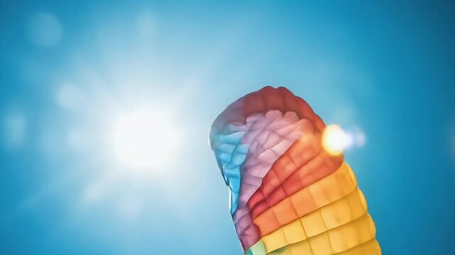 Vibrant Rainbow Paraglider Soaring Freely Across a Clear Deep Blue Sky