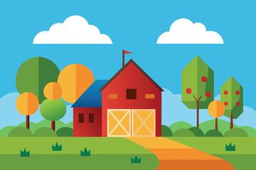 Flat Red Barn and Trees in Village