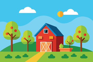 Fototapeta premium Red Barn with Orchard Trees Vector