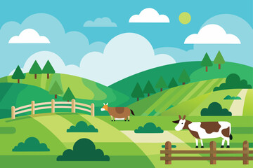 Fototapeta premium Countryside Farm with Horses Vector Art