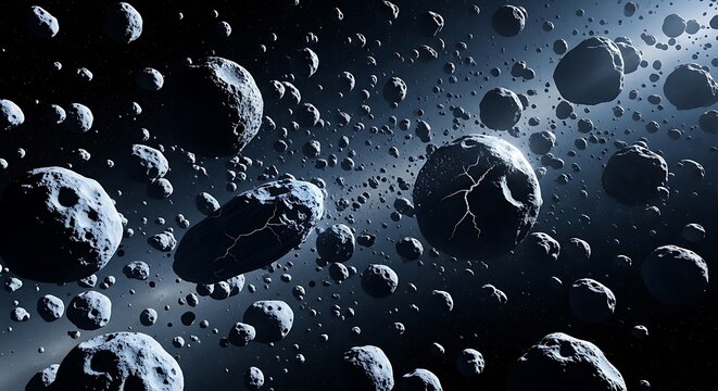 A dense field of asteroids and space rocks scattered in the dark expanse of outer space, illuminated by a distant light source.