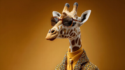 Fashion giraffe in shades, Cool looking giraffe wearing funky fashion dress - jacket, tie, sunglasses, plain colour background, stylish animal posing as supermodel. Generative AI image