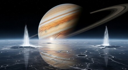 A rendered image of a ringed planet, possibly Saturn, above a cratered, icy landscape with geysers erupting from the surface.