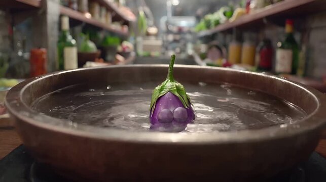Surprised Eggplant Cartoon Splashing in Hot Water
