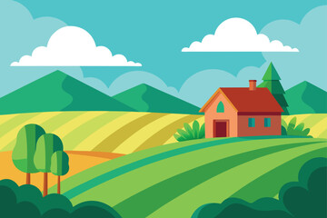 Fototapeta premium Green Fields and Farmhouse in Rural Landscape – Vector Illustration