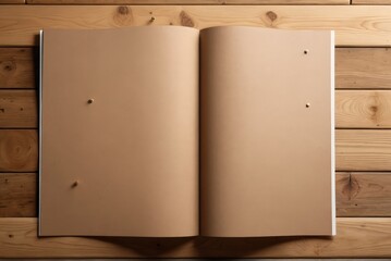 A4 brochure mockup, single page view, pinned with simple brass tacks to rough natural cork board, showcased with a warm wood grain background for a tactile, inviting scene.