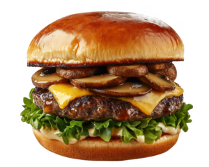 Delicious gourmet mushroom burger on a brioche bun with cheese and fresh ingredients transparent background