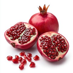 A red pomegranate is cut in half and has a few seeds on the ground