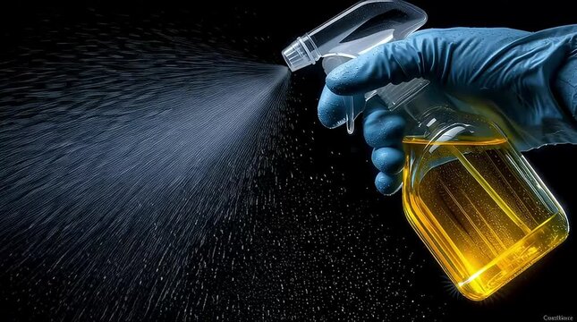 Gloved hand using spray bottle with yellow cleaning liquid creating fine mist against dark background