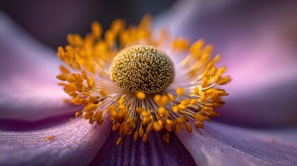   Close-up of purple flower with yellow stamens Stamen is plural