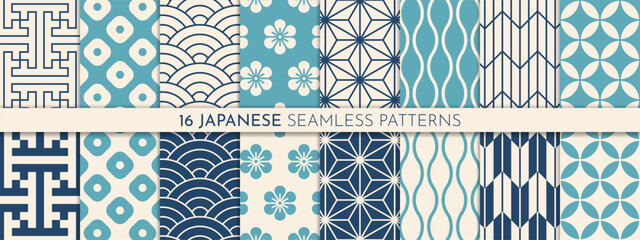 Traditional Japanese pattern set. Seamless abstract backgrounds with lines, flowers.