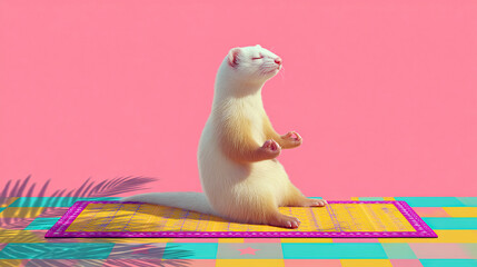 Charming Ferret in Lotus Position on Blue Yoga Mat