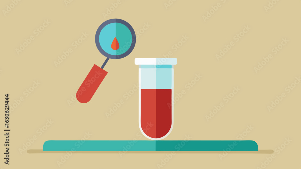 Poster blood sample an illustration showing a drop of on a clean glass slide with a magnifying glass hoveri