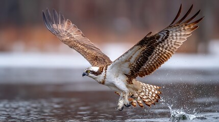 Obraz premium A bird soaring above a water body with outstretched wings, gracefully descending onto the surface