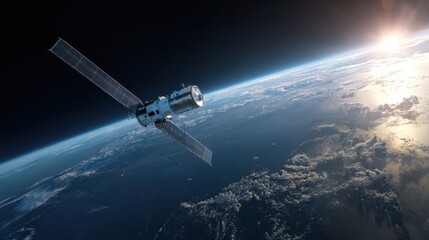 Obraz premium satellite orbiting earth sunrise view
