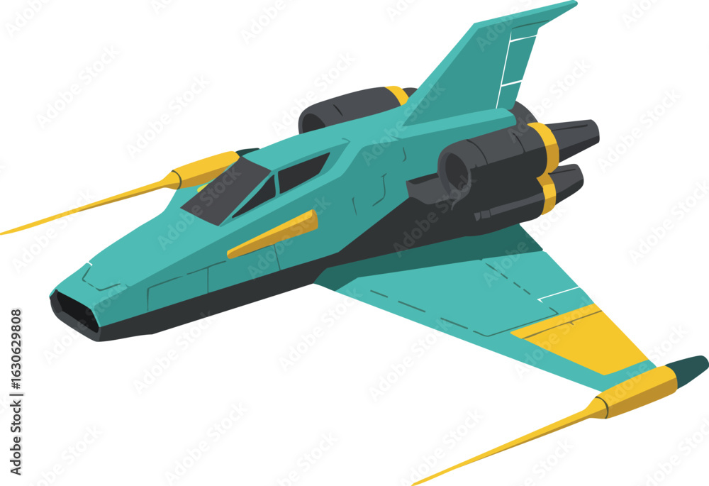 Poster futuristic teal and yellow spaceship vector illustration with sleek design and twin engines in isome