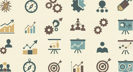 Strategic Planning Icons: A Set of Symbols for Business Growth, Teamwork, and Goal Achievement