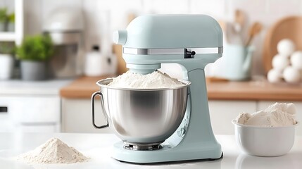 A dough mixer in the middle of a baking session, surrounded by flour, butter, and fresh ingredients on the counter.

