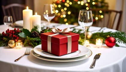 Festive Christmas table setting with gift
