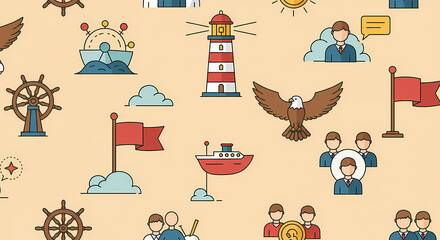 Direction and Success: A Seamless Pattern with Icons for Leadership, Teamwork, and Business Vision