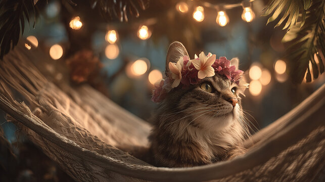 Calico Cat in Floral Crown Relaxing in Sunlit Garden